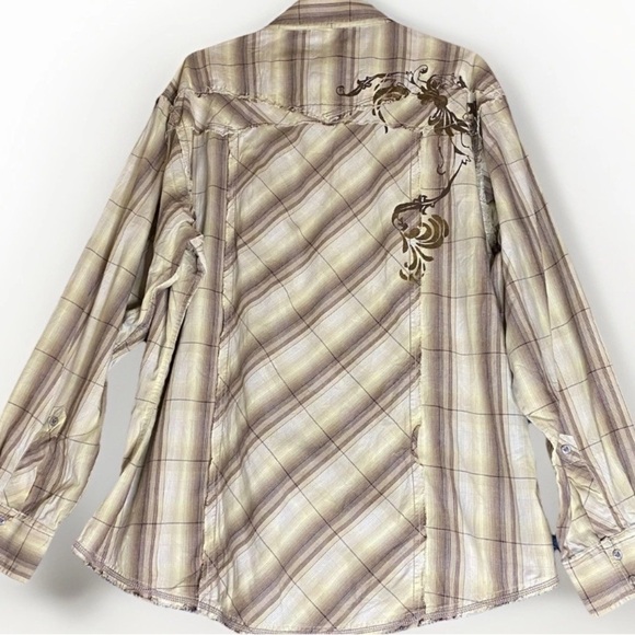 Vintage Wrangler Western Skully Vine Snap Button Shirt Men's 2XL Brown Tan Plaid - Picture 3 of 13